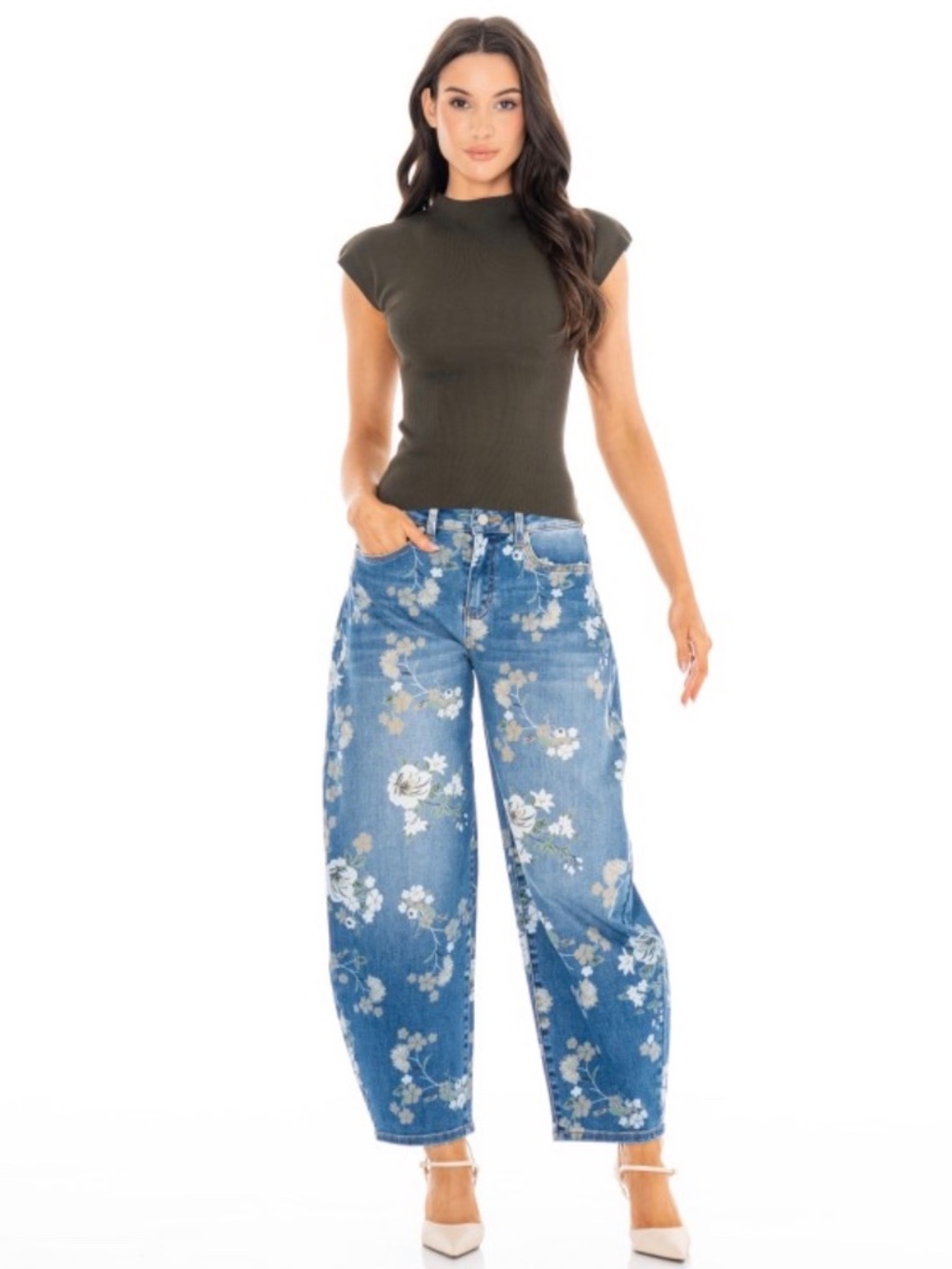 SM249 | Floral Print Barrel Leg Jeans